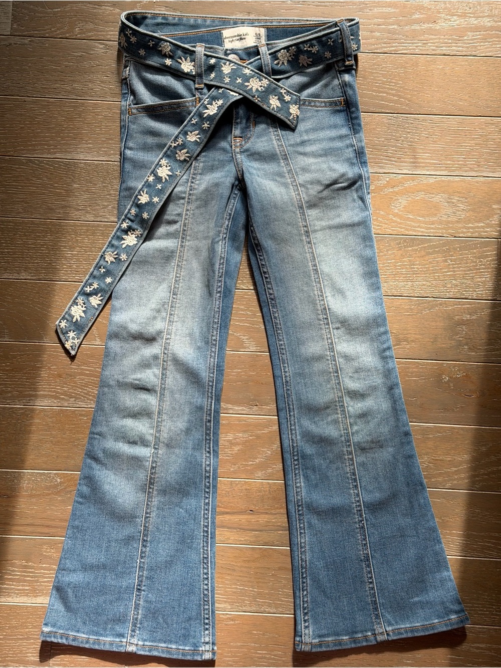Abercrombie & Fitch kids Light Blue Embroidered-Belt Flare Jeans Size 5-6